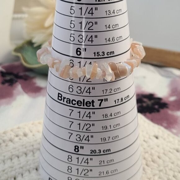 Peach Moonstone Chip Bracelet | Natural Gemstone Stretch Boho Healing Jewelry - Picture 6 of 7